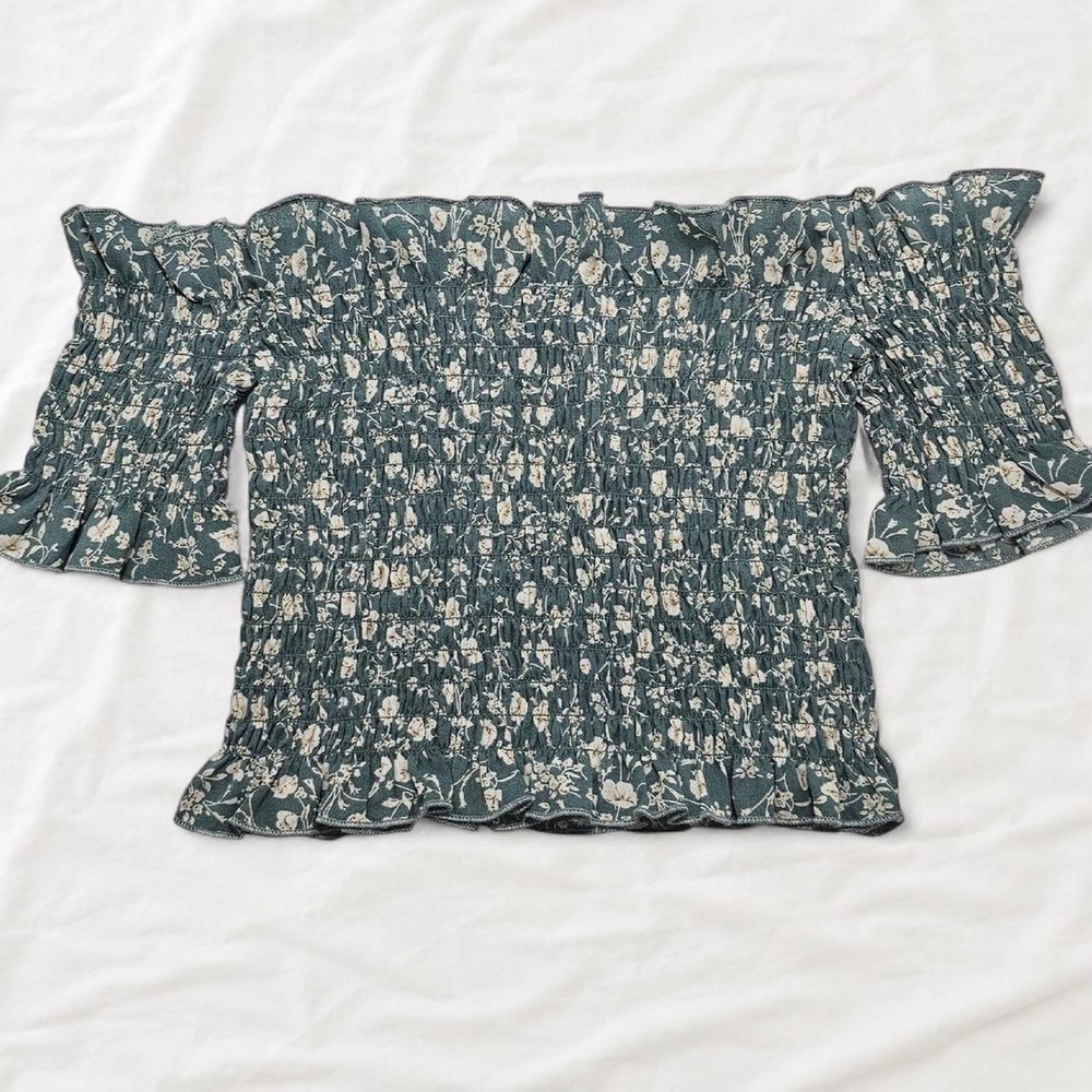 Nasty Gal Teal Floral Smocked Off Shoulder Crop Top Ruffle Blouse US 4